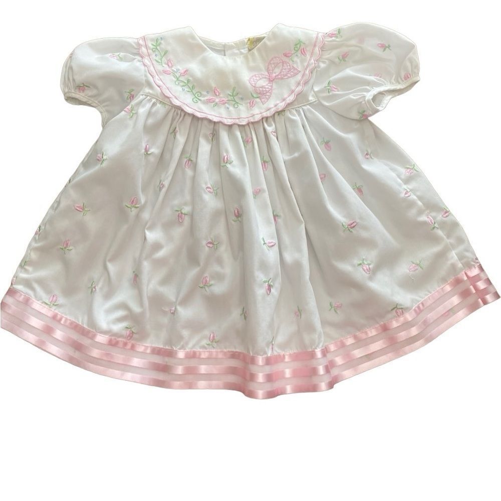 White Vintage Dress with Embroidered Pink Tulips